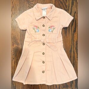 Little Lass Pink Button-Up Dress with Floral Embroidery